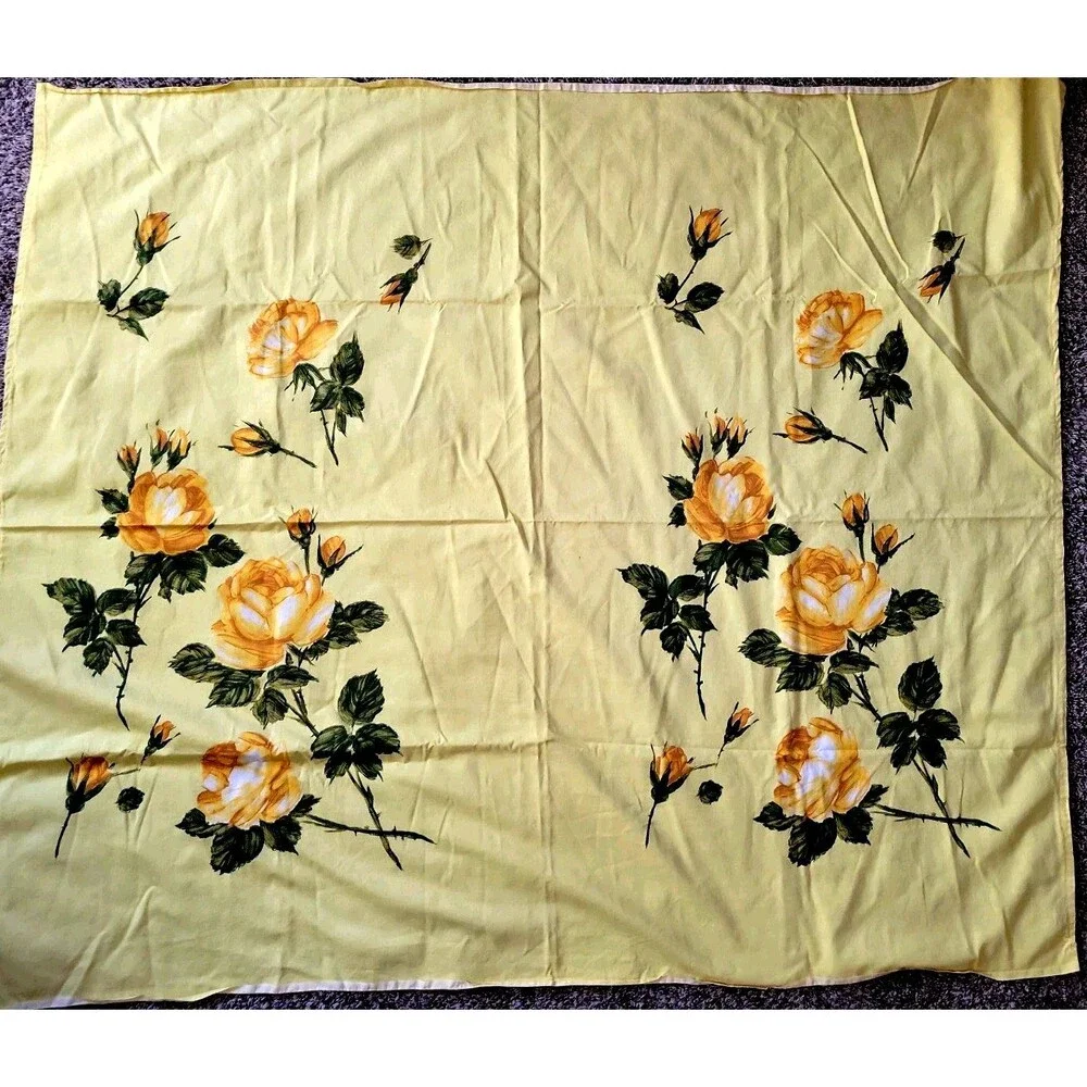 Yellow Roses Tablecloth Vintage 49”x42” Handmade from Flat Sheet Bright Colors